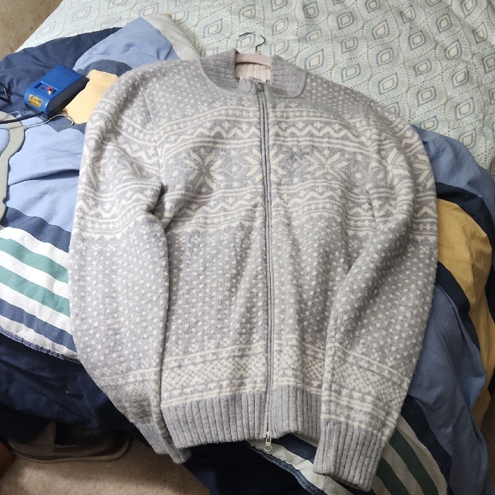 Men's Gran Sasso Gray Fair Isle Italian Wool Full Zip Cardigan Size 54